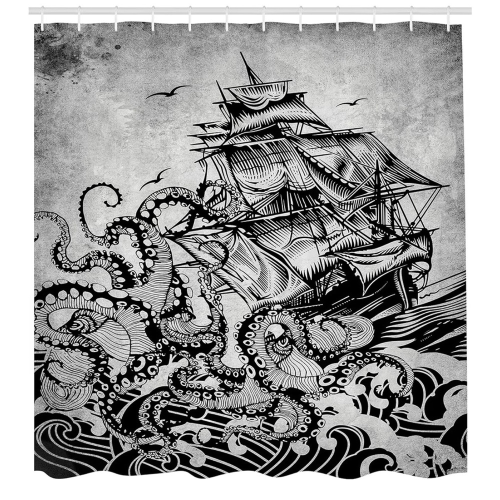 Ambesonne Nautical Octopus and Sailing Ship Shower Curtain and Bath Mat NWOT
